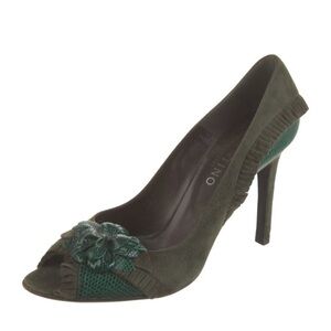 Valentino Olive Suede Peep Toe Heels Size 8 womens
